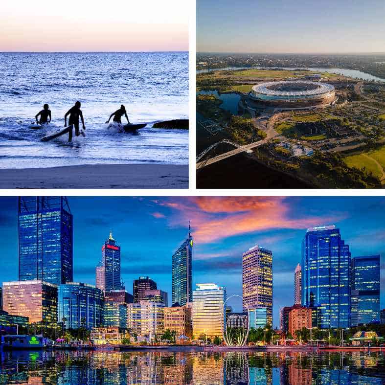 Collage of Perth Australia showing beaches, cities and sporting stadiums