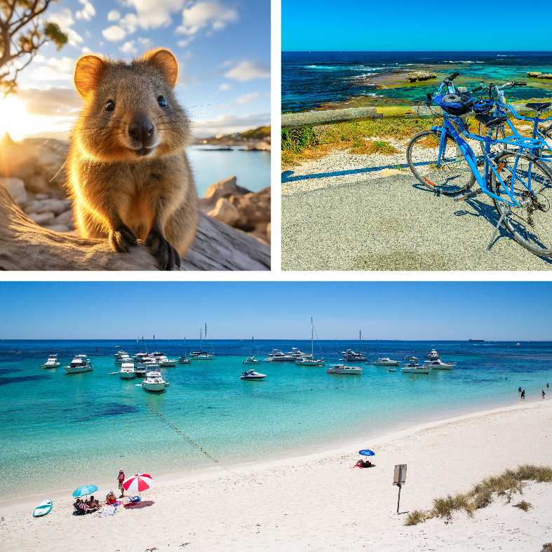 a collage of Rottnest island in Western Auustralia featuring wildlife and beaches