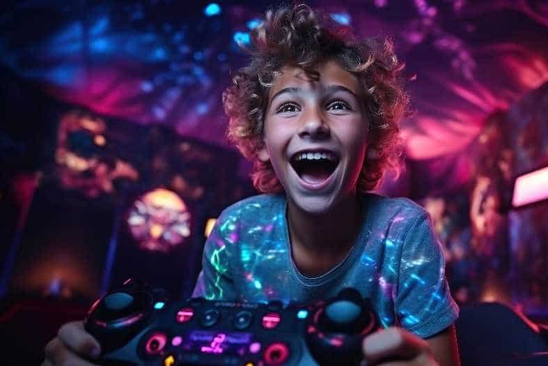 an excited tteenage boy playing video games in an arcade