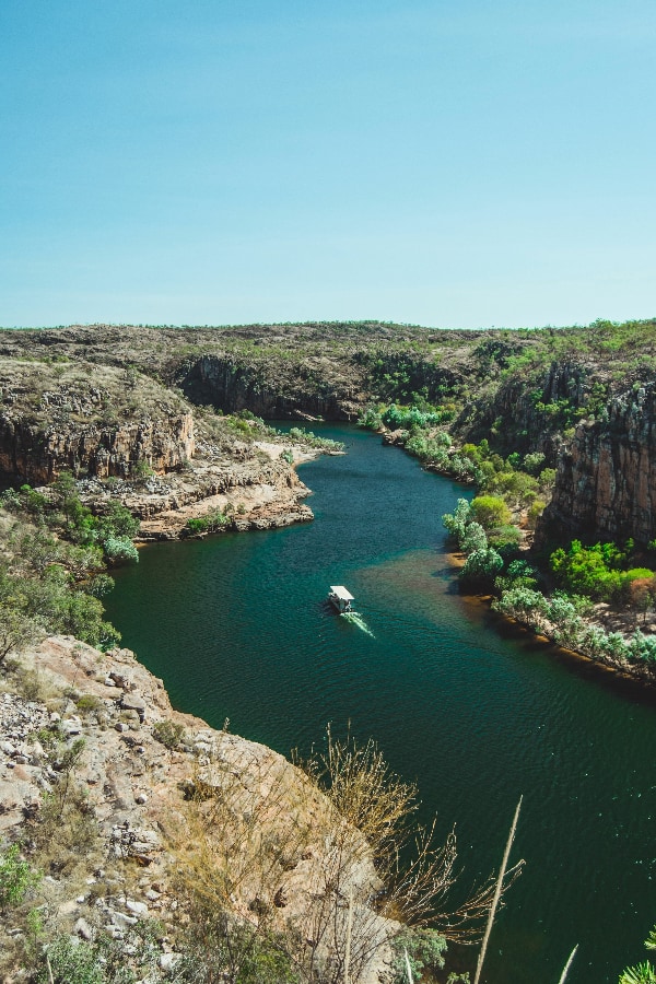 a boat ttour going down a river in Kakadu national Park