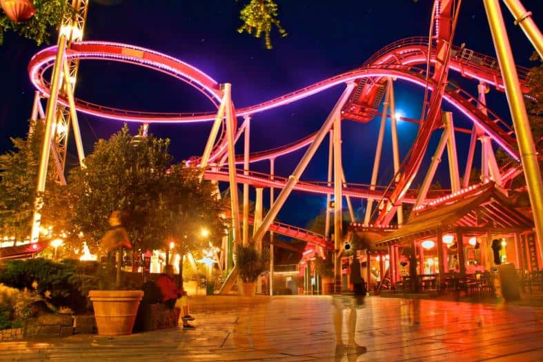 A roller Coaster at night at the Tivoli Gardens in Copenhagen