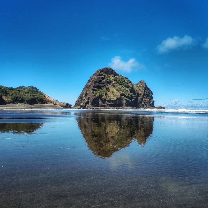 The black sand and sea stacks at Piha beach near Auckland