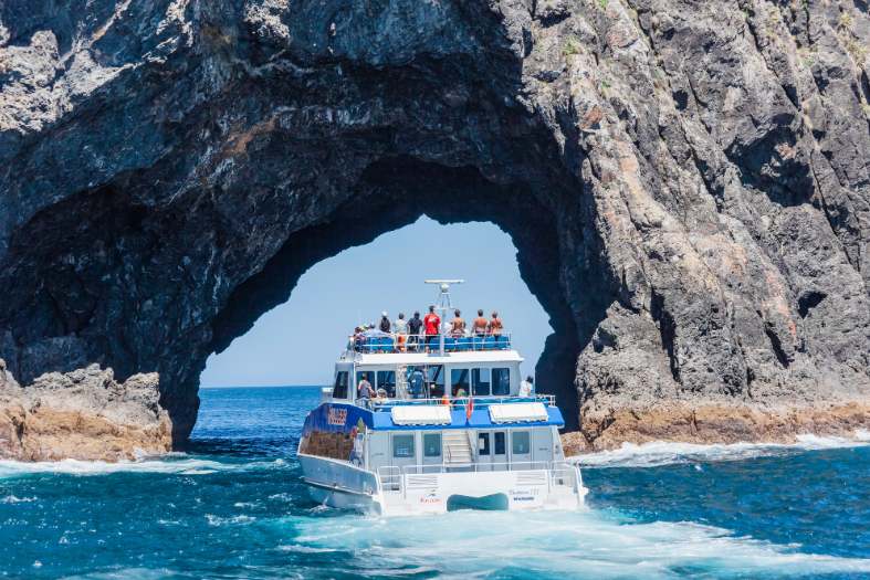 a tourist boat cruise at the bay of islands in New Zealand