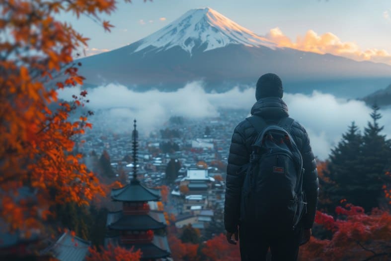 Young adults enjoying a breathtaking view of Mount Fuji