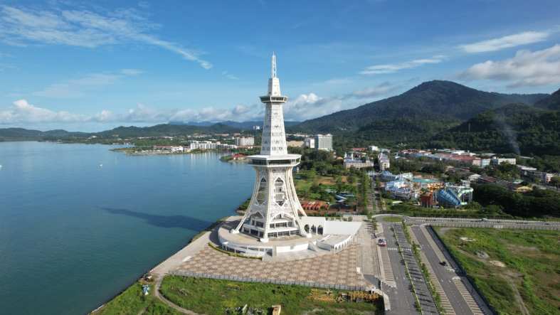 a toutist attraction tower in langkawi by the water