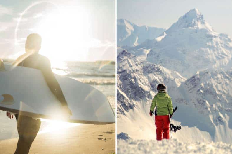 teens in New Zealand surfing and skiing