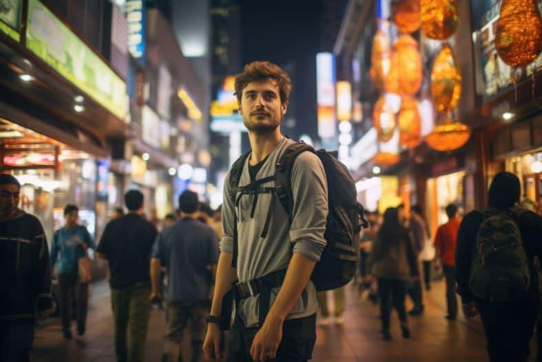 a young adult in japan on holidays in a busy street