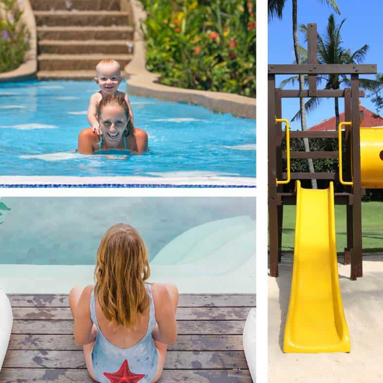 a collage of a cozy family accommodation with a welcoming atmosphere and a swimming pool