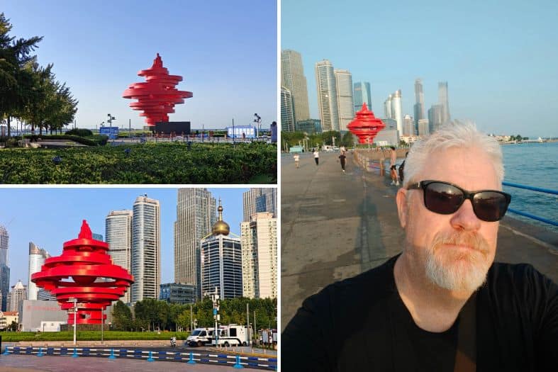a collage of a man and a statue