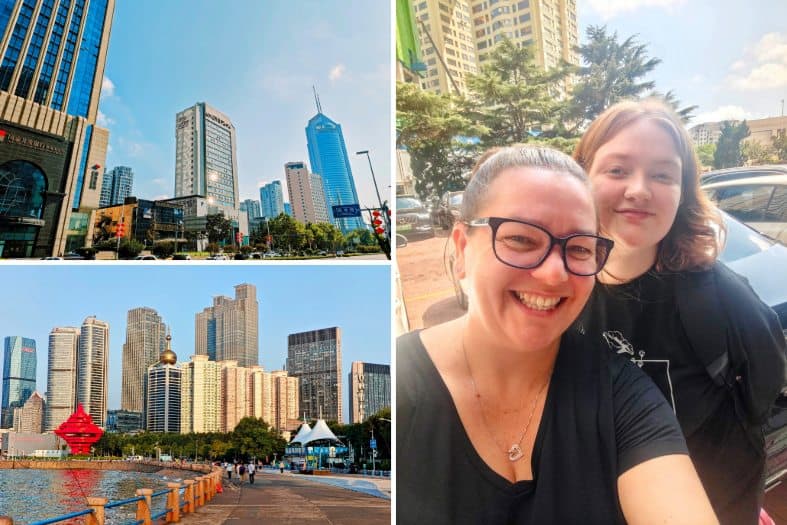 Collage of Qingdao pictures, building and beaches. Visiting the top attractions is a focus in our Qingdao itinerary