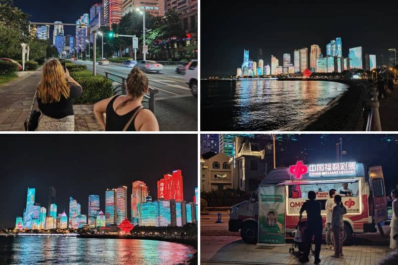a collage of a city at night