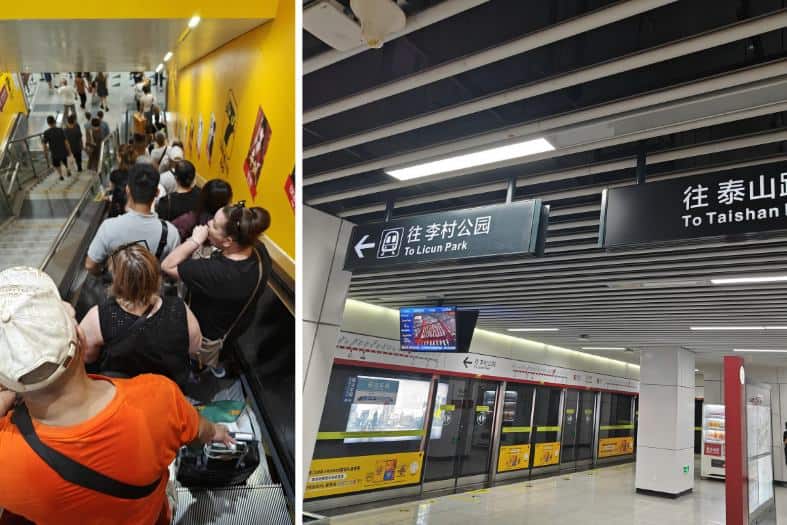 a group of people standing on escalator in a subway station in Qingdao China
