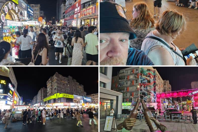 a collage of people walking in a city of Qingdao exploring Taidong Night Market