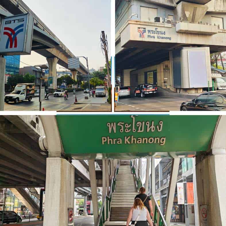 a collage of pictures of the Phra Khaning BTS Station