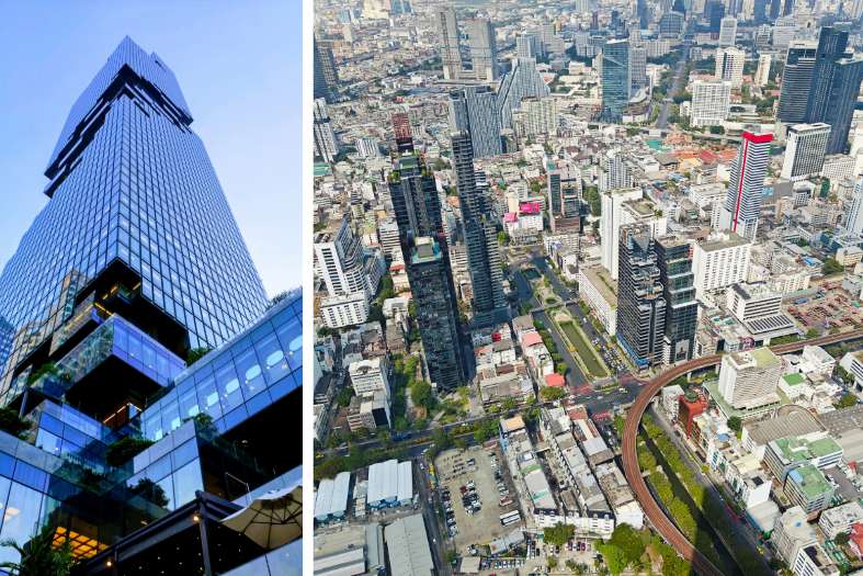 collage with picture of the outside of the Mahanakhon Tower in Bangkok