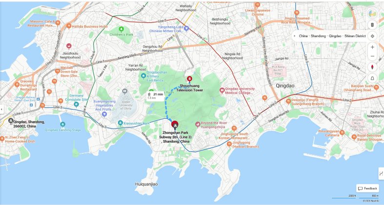 Map of directions from nearest metro stop to Qingdao tv tower