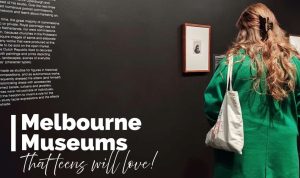 a teenage girl looking at a painting at Melbourne Museum