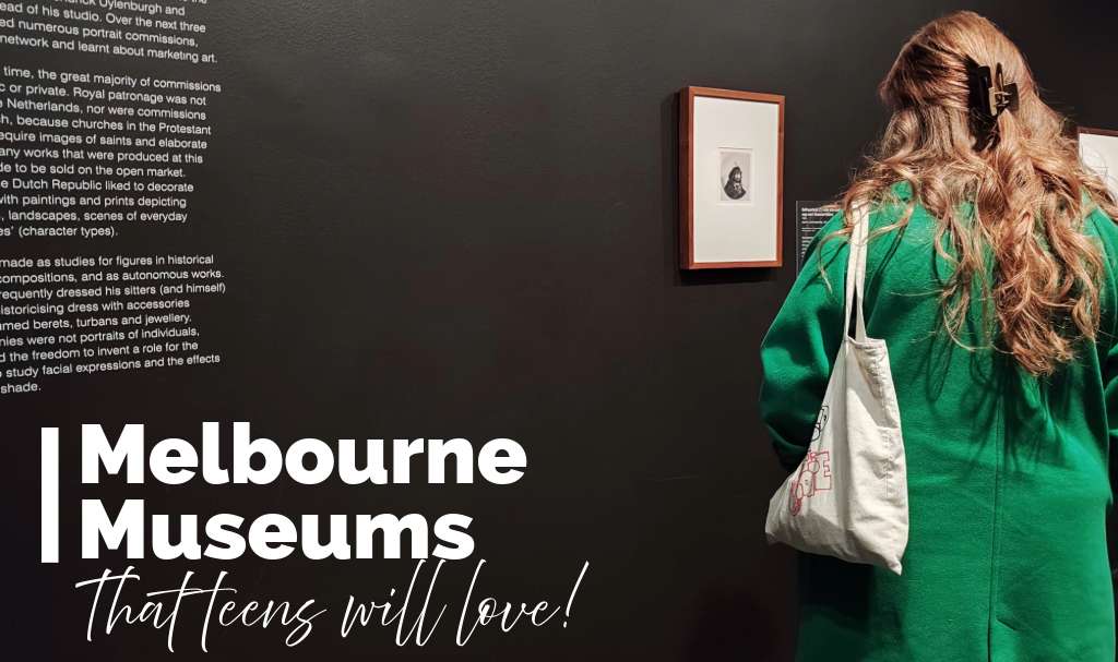a teenage girl looking at a painting at Melbourne Museum